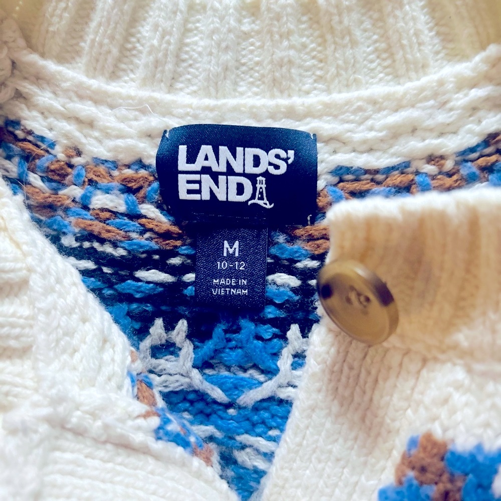 Lands End Nordic Cardigan Medium Blue and White - Picture 2 of 7